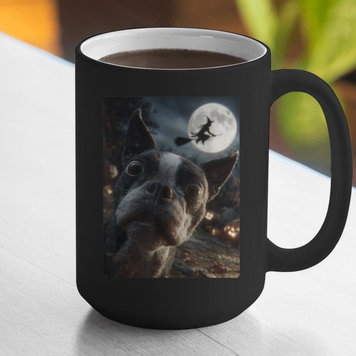 Boston Terrier Selfie Full Moon Flying Witch Halloween Dog Graphic Print Coffee Mug, Boston Terrier Halloween Mugs, funny gift