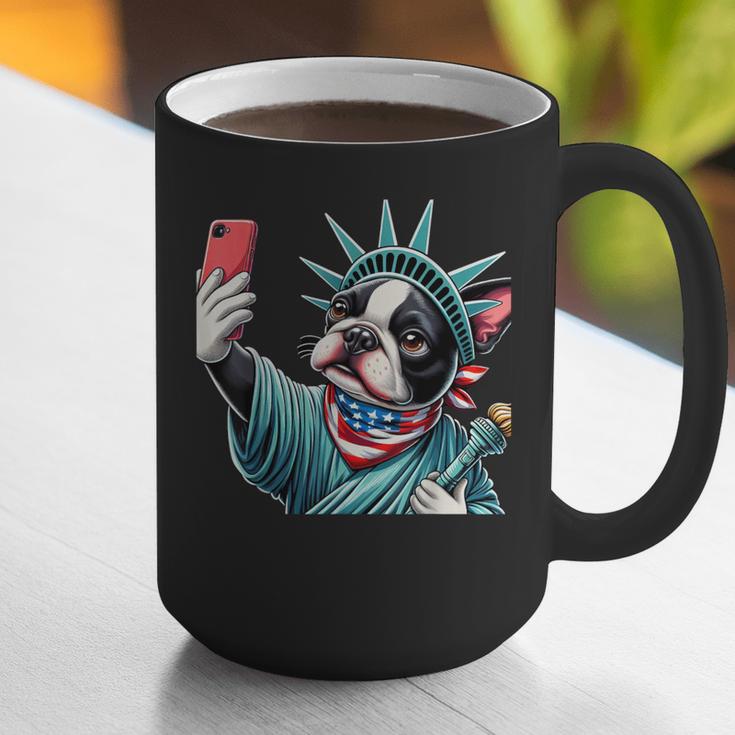 Boston Terrier Selfie Statue Of Liberty 4th Of July American Graphic Print Coffee Mug, American Boston Terrier Mugs, Boston Terrier 4th Of July Mugs, funny gift