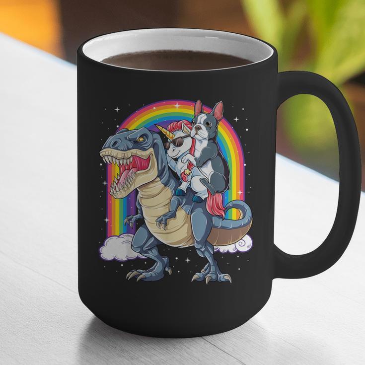 Boston Terrier Unicorn Riding Dinosaur T-Rex Girls Rainbow Graphic Print Coffee Mug, Boston Terrier Riding Mugs, funny gift