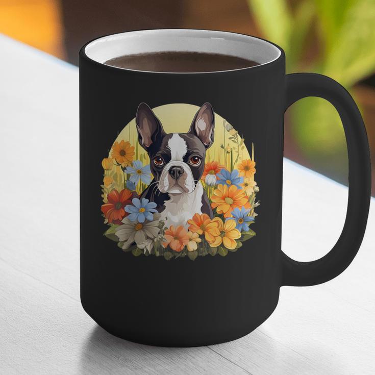 Cute Boston Terrier Spring Flower Garden Colorful Puppy Dog Graphic Print Coffee Mug, funny gift