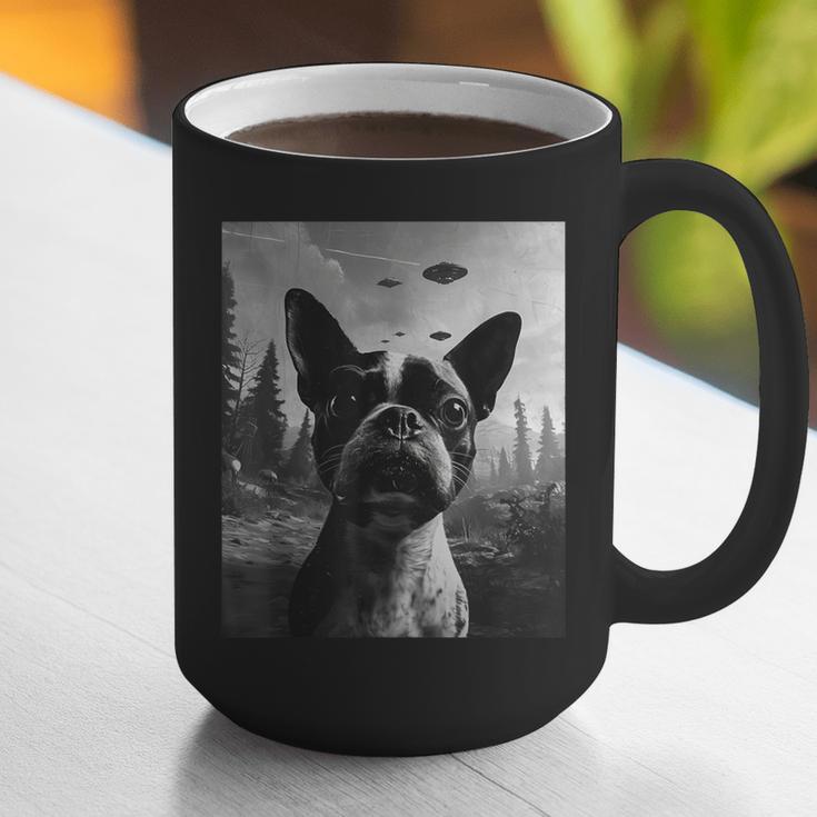 Dog Mom Dad Alien Selfie Boston Terrier UFO For Men Women Graphic Print Coffee Mug, Boston Terrier Dad Mugs, Boston Terrier Mom Mugs, funny gift
