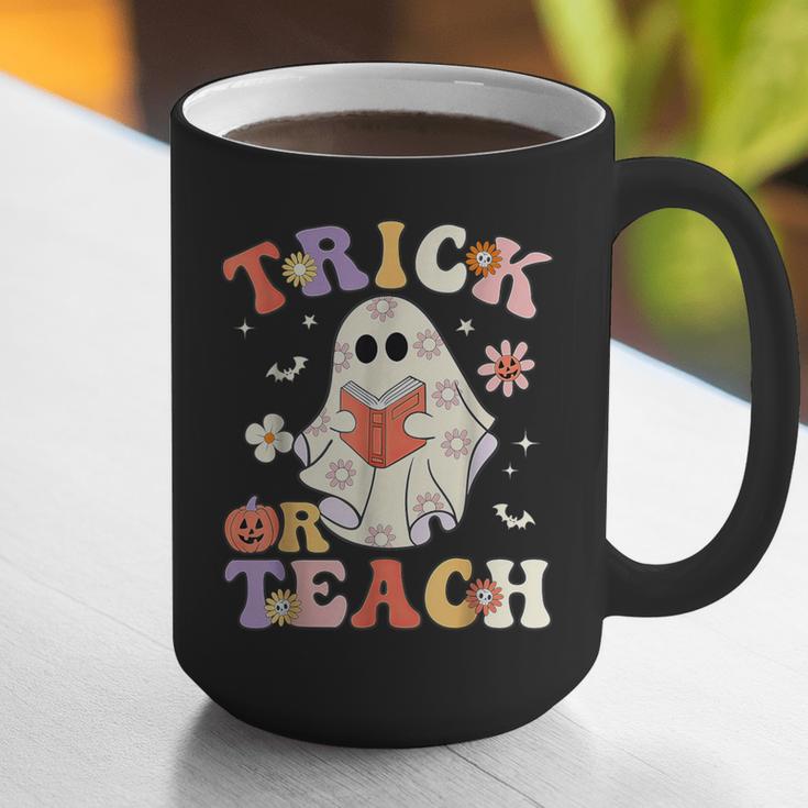 Groovy Halloween Trick Or Teach Retro Floral Ghost Teacher Graphic Print Coffee Mug, Groovy Teacher Mugs, funny gift