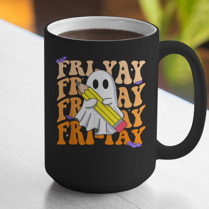 Happy Fri-Yay Friday Lovers Groovy Teacher Life Halloween Graphic Print Coffee Mug, Groovy Teacher Mugs, funny gift