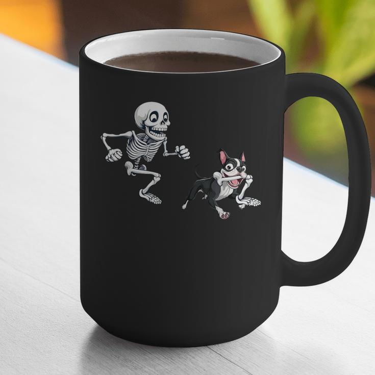 Skeleton Chasing Dog Boston Terrier Halloween Pet Lover Graphic Print Coffee Mug, Boston Terrier Halloween Mugs, funny gift