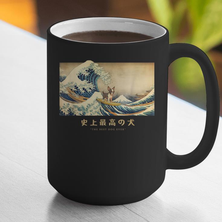 Surfing Boston Terrier Kanagawa Wave Japanese Dog For Men Women Kids Graphic Print Coffee Mug, funny gift