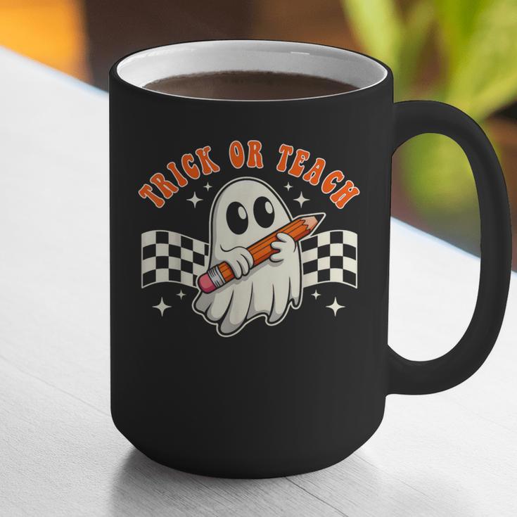 Trick Or Teach Groovy Retro Ghost Halloween Teacher Kids Graphic Print Coffee Mug, Groovy Teacher Mugs, funny gift