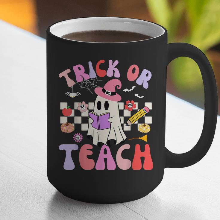 Trick Or Teach Halloween Teacher Floral Ghost Groovy Graphic Print Coffee Mug, Groovy Teacher Mugs, funny gift