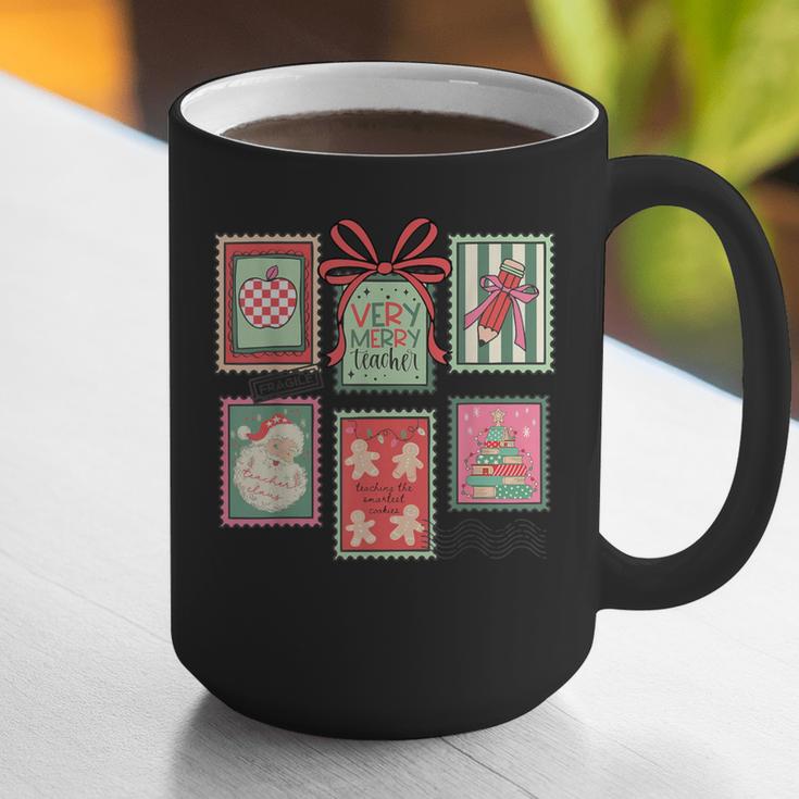Vintage Preppy Very Merry Teacher Santa Stamps Christmas Graphic Print Coffee Mug, funny gift