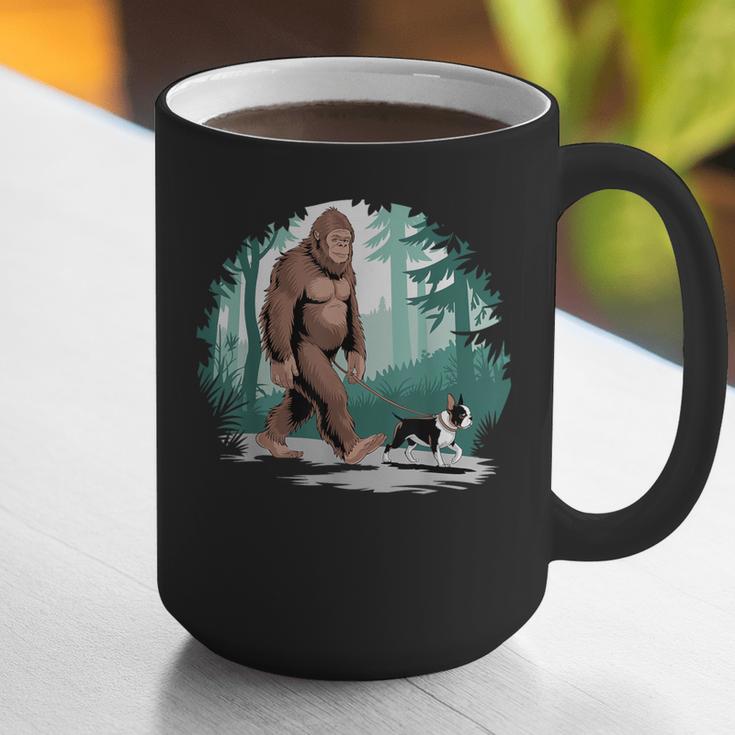 Whimsical Forest Adventures Sasquatch Bigfoot Walking Boston Terrier Dog Lovers Graphic Print Coffee Mug, funny gift