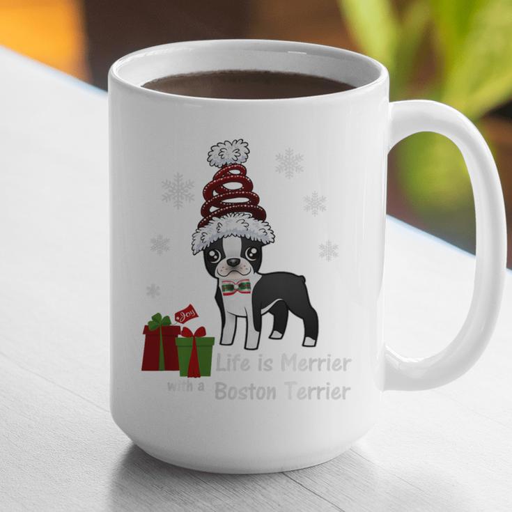 Boston Terrier Christmas T Shirt-Life Is Merrier Premium Tri-Blend Graphic Print Coffee Mug, Boston Terrier Christmas Mugs, funny gift