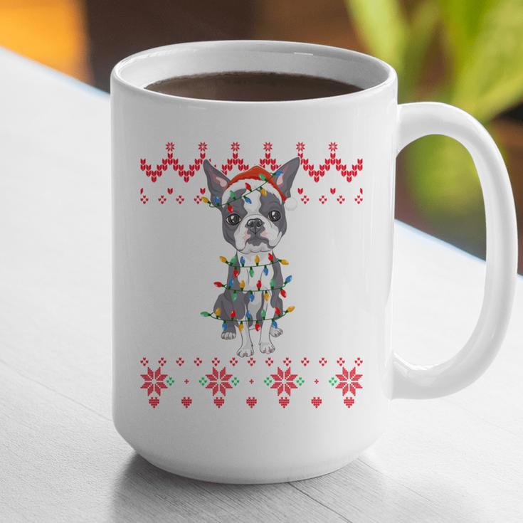 Boston Terrier Dog Santa Hat Men Kids Ugly Christmas Light Graphic Print Coffee Mug, Boston Terrier Christmas Mugs, funny gift