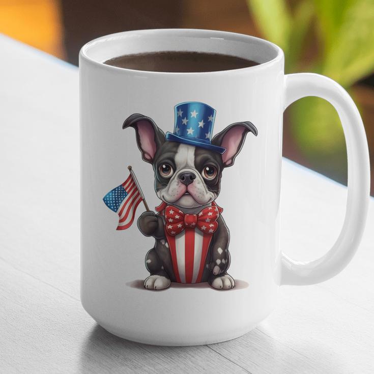 Boston Terrier Puppy Dog Holds His American Flag 4th Of July Graphic Print Coffee Mug, American Boston Terrier Mugs, Boston Terrier 4th Of July Mugs, funny gift