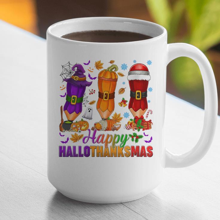 Happy Hallothanksmas Halloween Thanksgiving Pencils Teachers Graphic Print Coffee Mug, funny gift