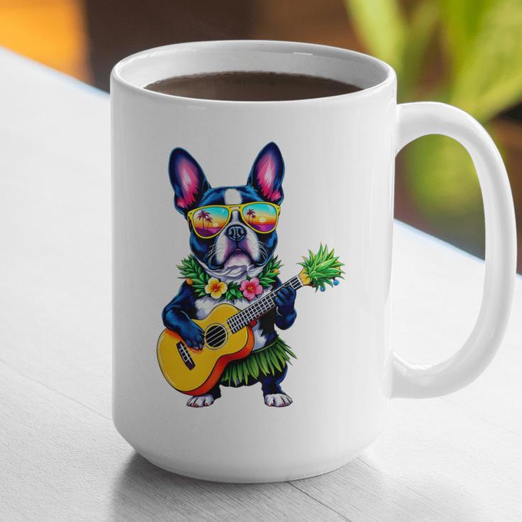 Hawaiian Boston Terrier & Pineapple Ukulele Summer Vacation Graphic Print Coffee Mug, funny gift
