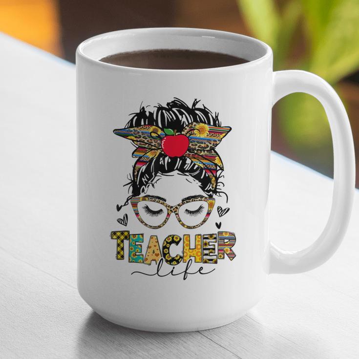 Teacher Life Messy Bun Glasses Leopard Sunflower Graphic Print Coffee Mug, funny gift