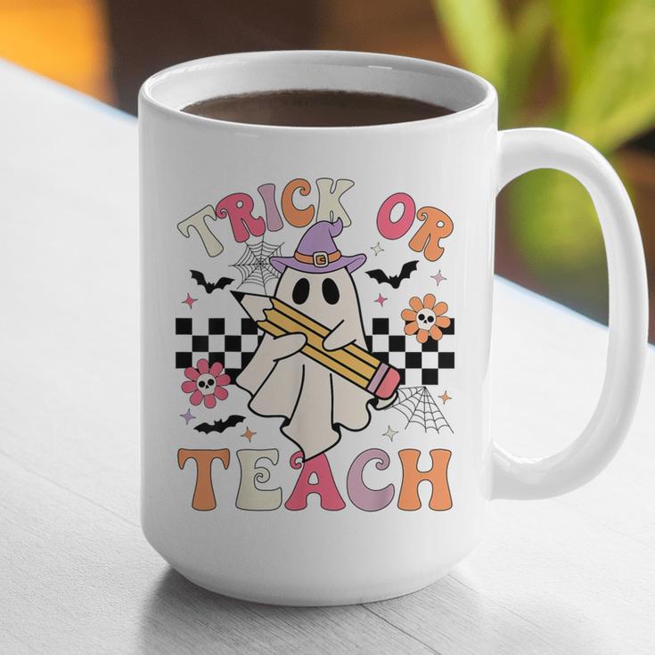 Trick Or Teach Groovy Teacher Halloween Retro Floral Ghost Graphic Print Coffee Mug, Groovy Teacher Mugs, funny gift