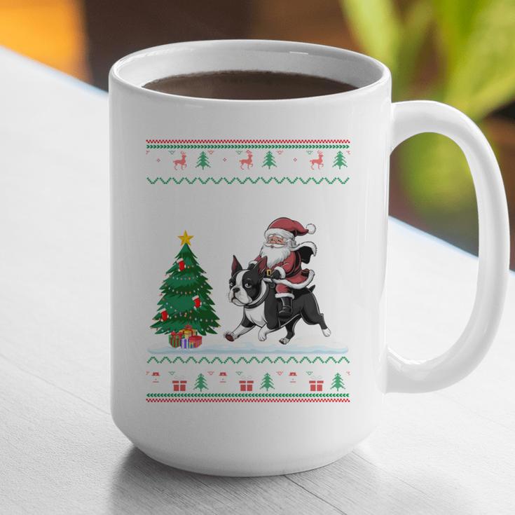 Ugly Christmas Tree Lights Xmas Santa Riding Boston Terrier Graphic Print Coffee Mug, Boston Terrier Christmas Mugs, Boston Terrier Riding Mugs, funny gift