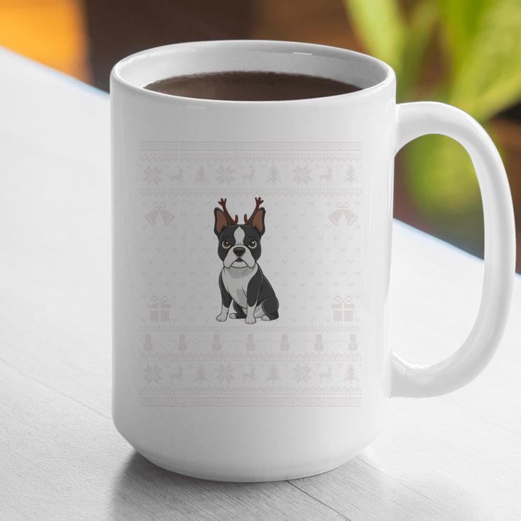 Ugly Xmas Sweater Style Boston Terrier Reindeer Christmas Graphic Print Coffee Mug, Boston Terrier Christmas Mugs, funny gift