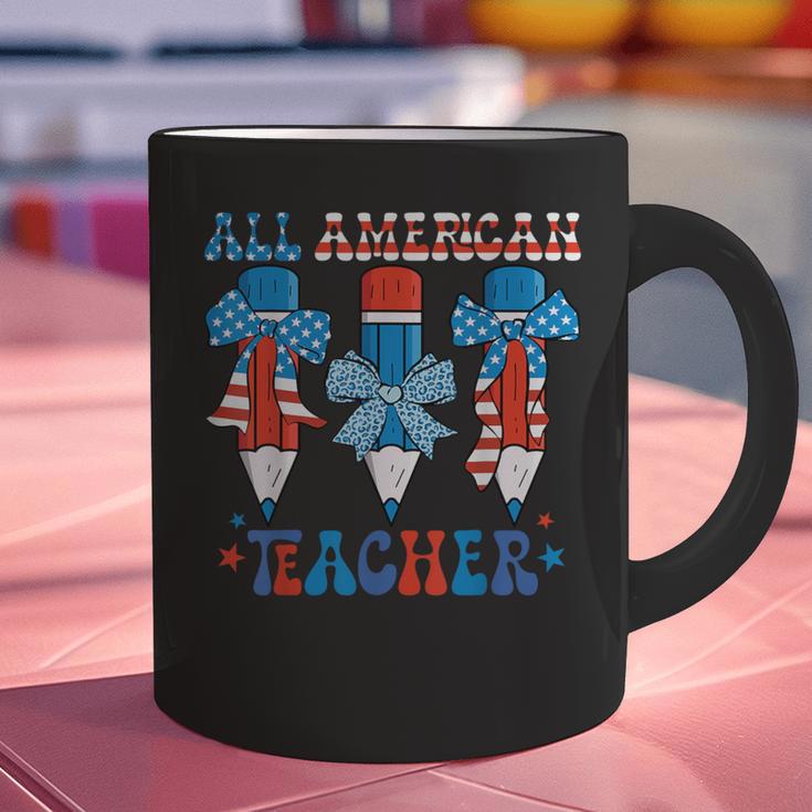 All American Teacher Pencil Coquette Bow USA Flag Teachers Graphic Print Coffee Mug, gift for family, gift for coworker