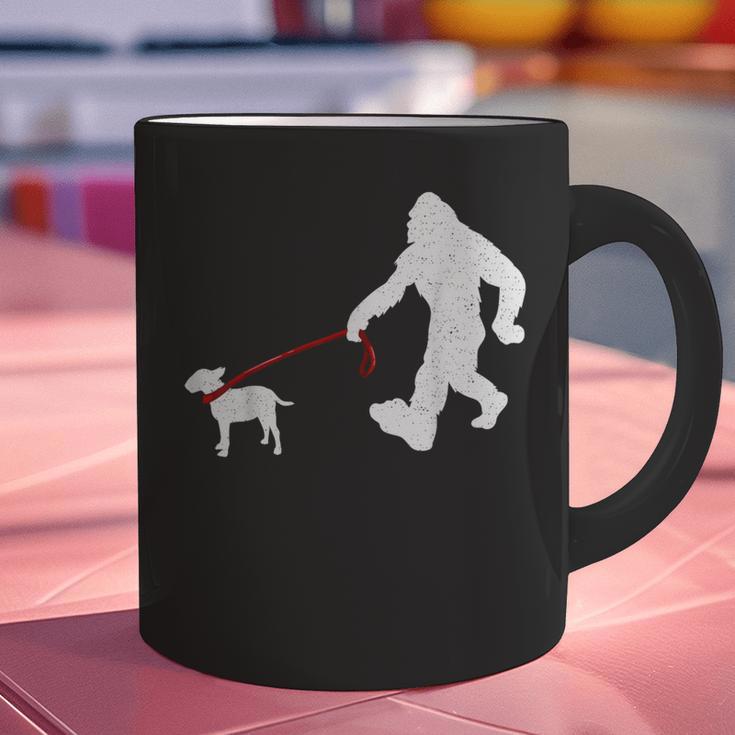 Bigfoot Walking With Bull Terrier Dog Graphic Print Coffee Mug, gift for family, gift for coworker