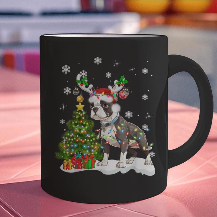 Boston Terrier Christmas Tree Lights Santa Hat Graphic Print Coffee Mug, Boston Terrier Christmas Mugs, gift for family, gift for coworker