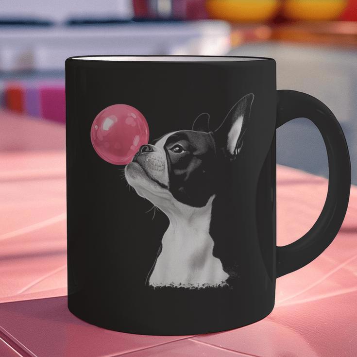 Boston Terrier Dog Blowing Chewing Bubble Gum Pink Graphic Print Coffee Mug, gift for family, gift for coworker