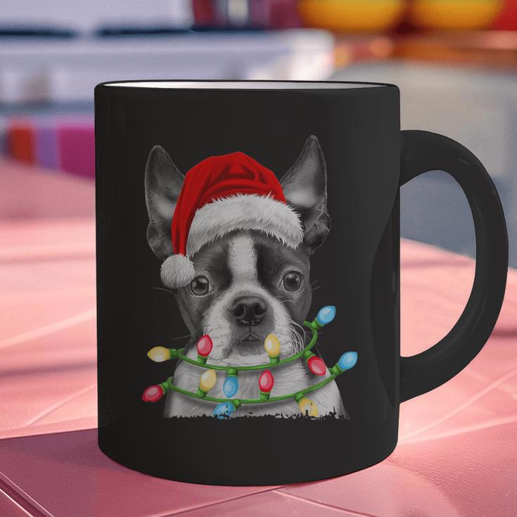 Boston Terrier Dog Santa Christmas Tree Lights Xmas Graphic Print Coffee Mug, Boston Terrier Christmas Mugs, gift for family, gift for coworker