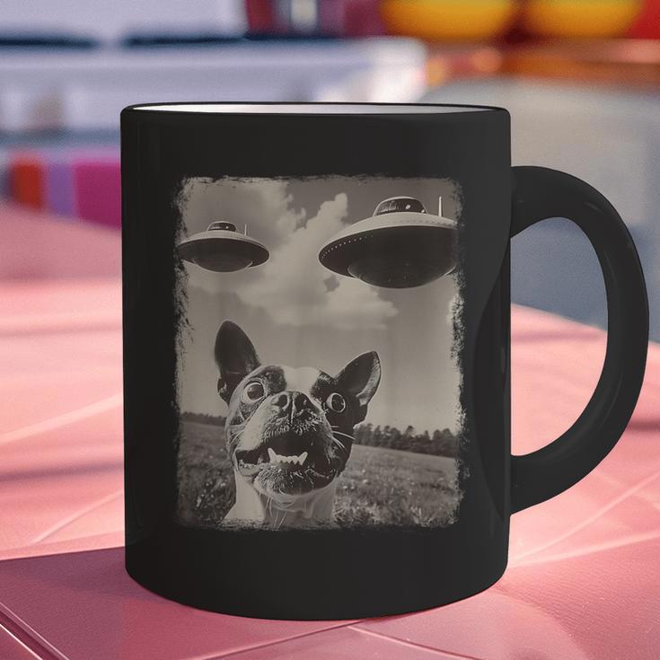 Boston Terrier Dog UFO Alien Extraterrestrial Selfie Graphic Print Coffee Mug, gift for family, gift for coworker