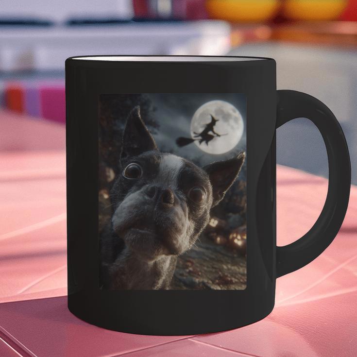 Boston Terrier Selfie Full Moon Flying Witch Halloween Dog Graphic Print Coffee Mug, Boston Terrier Halloween Mugs, gift for family, gift for coworker