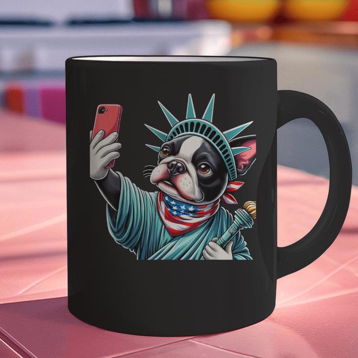 Boston Terrier Selfie Statue Of Liberty 4th Of July American Graphic Print Coffee Mug, American Boston Terrier Mugs, Boston Terrier 4th Of July Mugs, gift for family, gift for coworker