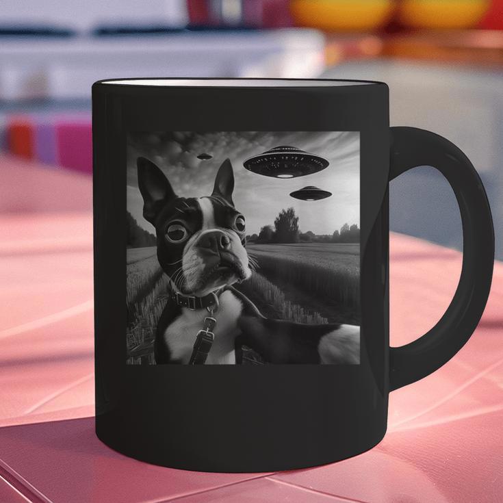Boston Terrier Graphic Selfie With UFOs Weird Aliens Graphic Print Coffee Mug, gift for family, gift for coworker