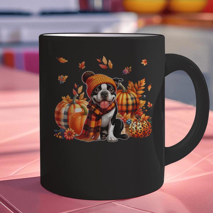 Boston Terrier Thanksgiving Leopard Pumpkins Fall Leaves Graphic Print Coffee Mug, Boston Terrier Thanksgiving Mugs, gift for family, gift for coworker