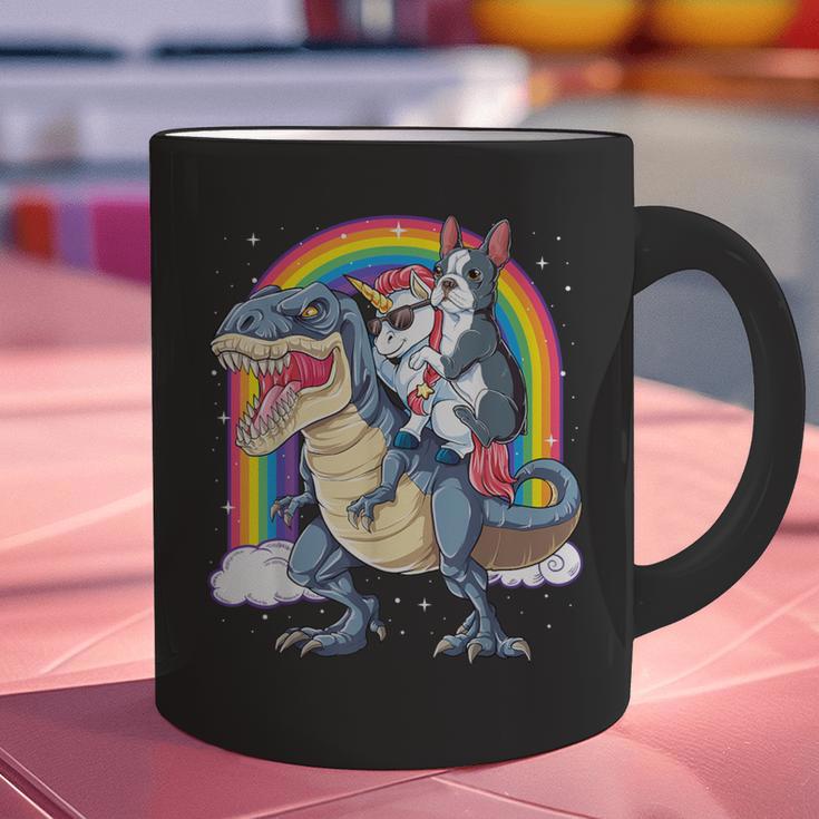 Boston Terrier Unicorn Riding Dinosaur T-Rex Girls Rainbow Graphic Print Coffee Mug, Boston Terrier Riding Mugs, gift for family, gift for coworker