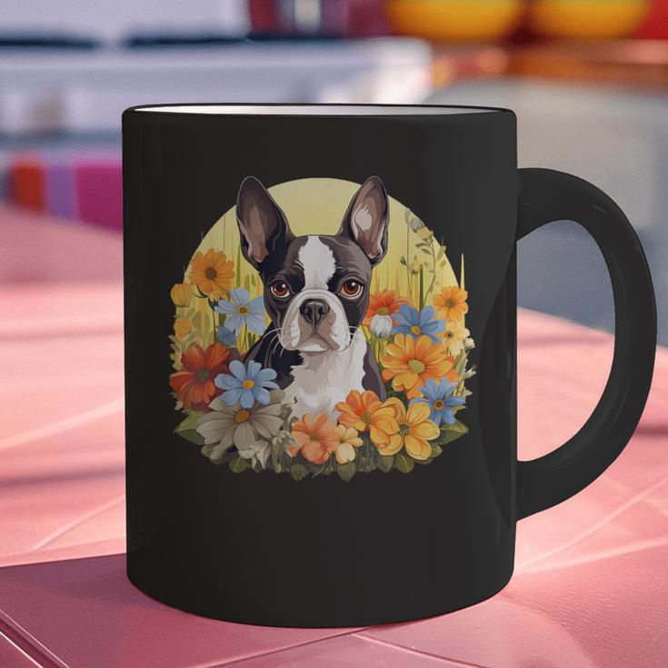Cute Boston Terrier Spring Flower Garden Colorful Puppy Dog Graphic Print Coffee Mug, gift for family, gift for coworker
