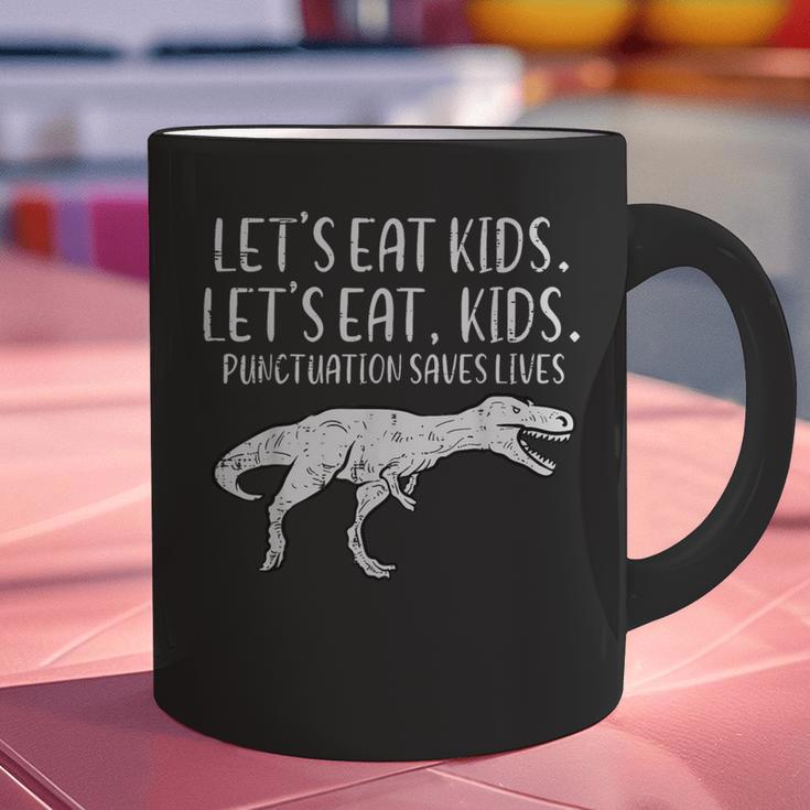 Lets Eat Kids Punctuation Saves Lives Dino Teacher Men Graphic Print Coffee Mug, gift for family, gift for coworker