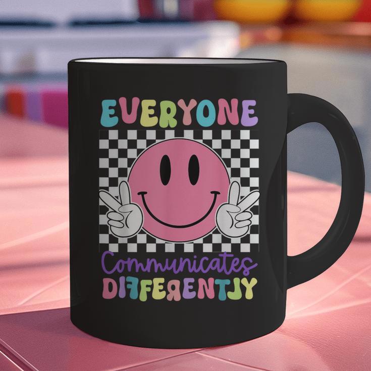 Everyone Communicates Differently Autism Awareness Teacher Graphic Print Coffee Mug, gift for family, gift for coworker