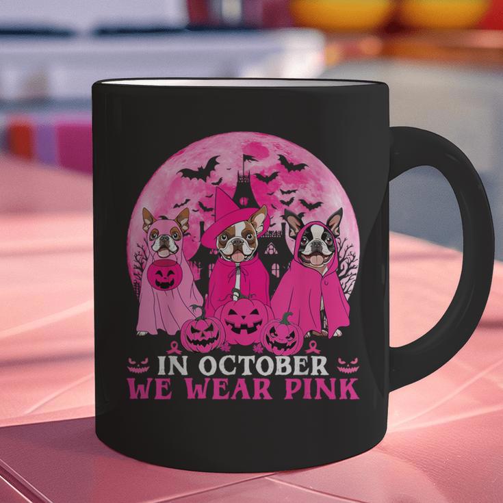 Ghost And Witch Boston Terrier Dog In October We Wear Pink Graphic Print Coffee Mug, Boston Terrier Ghost Mugs, gift for family, gift for coworker