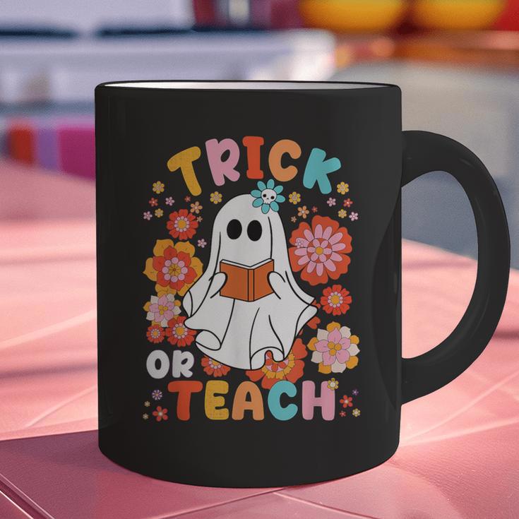 Groovy Halloween Trick Or Teach Retro Floral Ghost Teacher For Men Women Kids Graphic Print Coffee Mug, Groovy Teacher Mugs, gift for family, gift for coworker