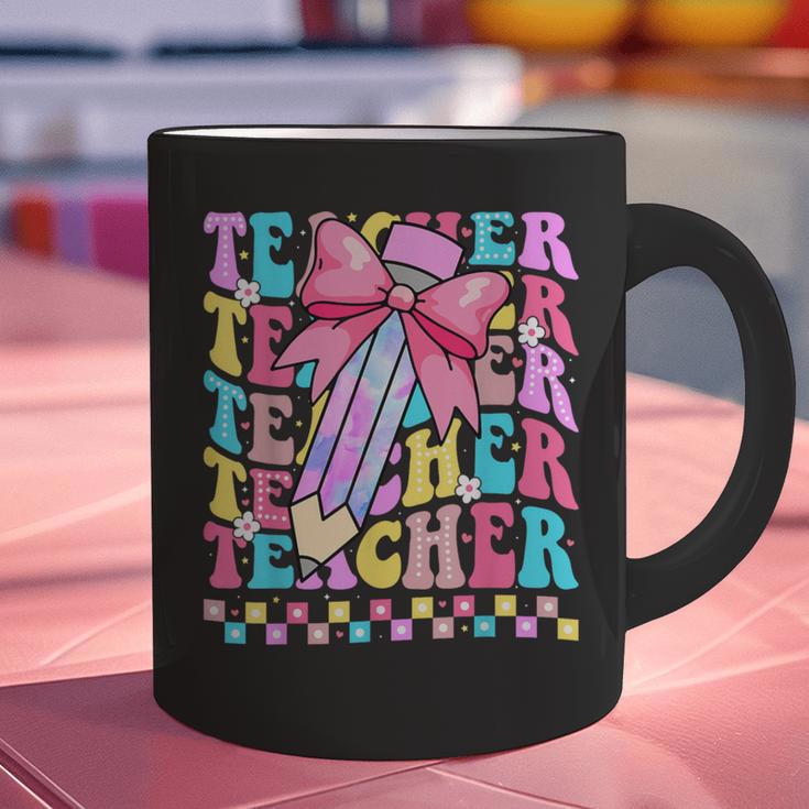Groovy Teacher Cute Coquette Bow Flower Retro Back To School Graphic Print Coffee Mug, Groovy Teacher Mugs, gift for family, gift for coworker Groovy Teacher Cute Coquette Bow Flower Retro Back To School Graphic Print Coffee Mug, Groovy Teacher Mugs, gift for family, gift for coworker