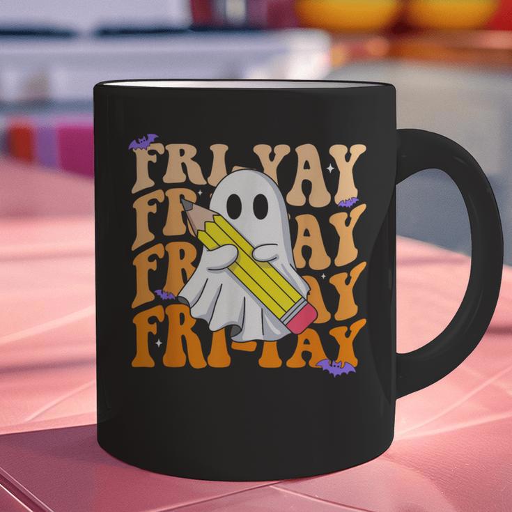 Happy Fri-Yay Friday Lovers Groovy Teacher Life Halloween Graphic Print Coffee Mug, Groovy Teacher Mugs, gift for family, gift for coworker