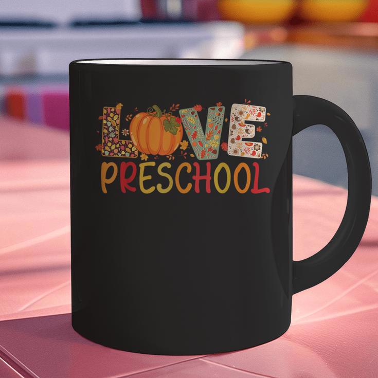 Love Preschool Happy Fall Thanksgiving Women Teacher Graphic Print Coffee Mug, gift for family, gift for coworker