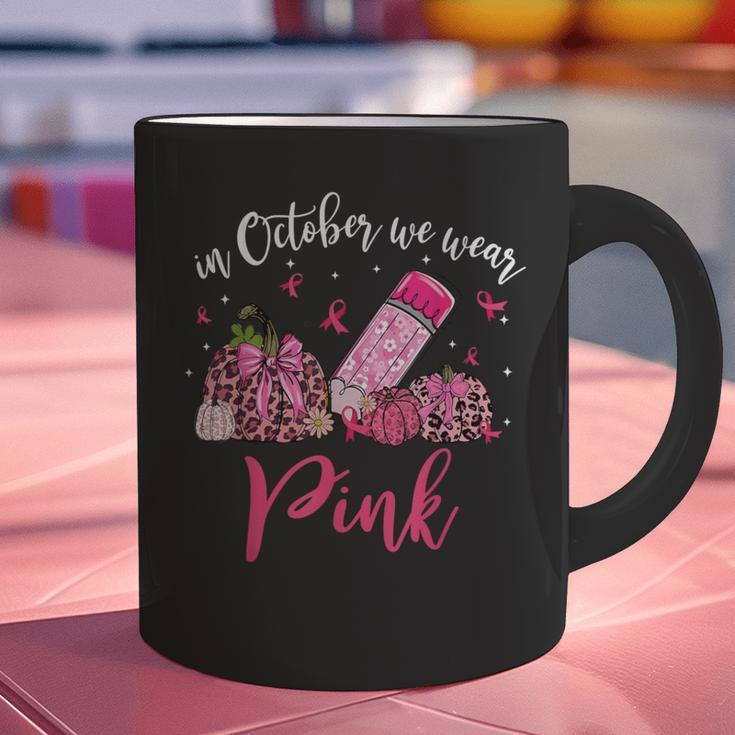 In October We Wear Pink Apple Teacher Daisy Breast Cancer Graphic Print Coffee Mug, gift for family, gift for coworker