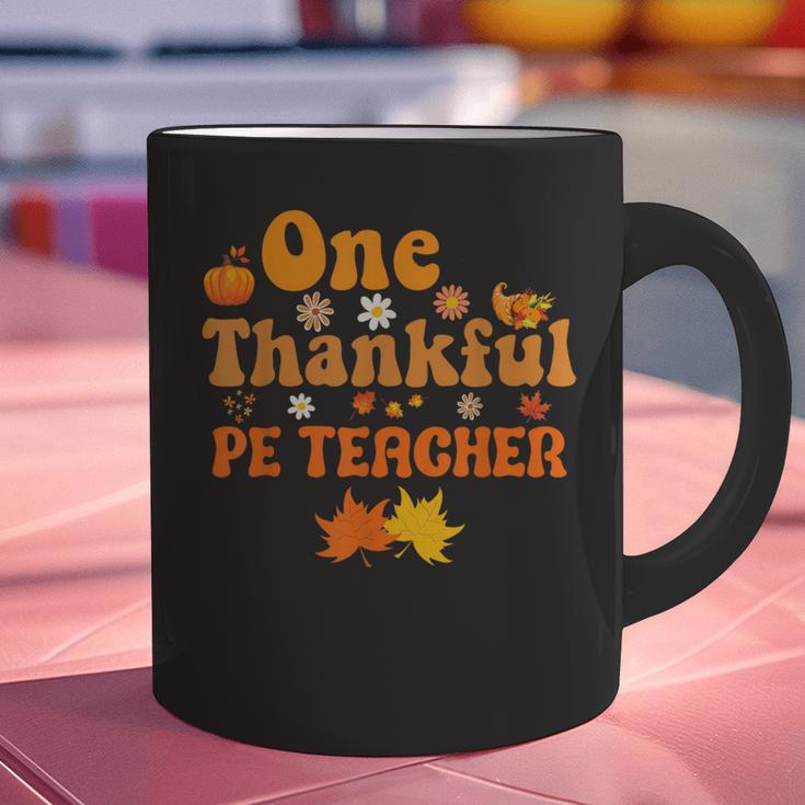 One Thankful PE Teacher Thanksgiving Fall Autumn Groovy Graphic Print Coffee Mug, Groovy Teacher Mugs, Pe Teacher Mugs, gift for family, gift for coworker