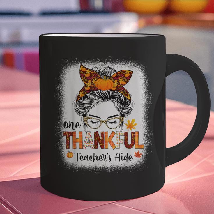 One Thankful Teacher's Aide Messy Bun Thanksgiving Fall Graphic Print Coffee Mug, gift for family, gift for coworker