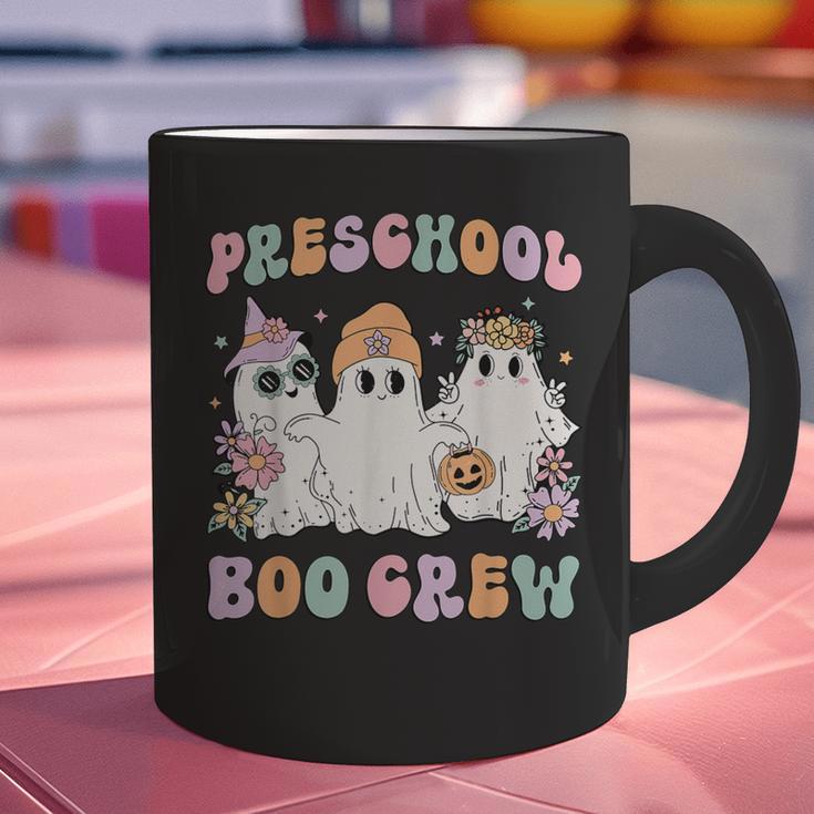 Preschool Boo Crew Groovy Halloween Floral Ghost Teacher Men Women Kids Graphic Print Coffee Mug, Groovy Teacher Mugs, gift for family, gift for coworker