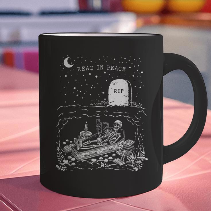 Read In Peace Skeleton Halloween Book Reading Spooky Teacher Graphic Print Coffee Mug, gift for family, gift for coworker