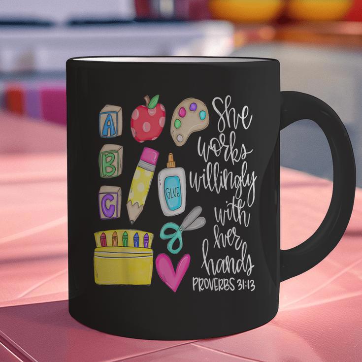 She Works Willingly With Her Hands Proverbs Daycare Teacher Men Women Graphic Print Coffee Mug, gift for family, gift for coworker She Works Willingly With Her Hands Proverbs Daycare Teacher Men Women Graphic Print Coffee Mug, gift for family, gift for coworker