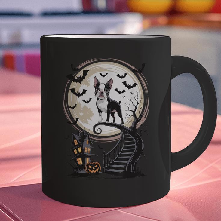 Spooky Halloween Moon Boston Terrier Boston Bull Bostie Graphic Print Coffee Mug, Boston Terrier Halloween Mugs, gift for family, gift for coworker