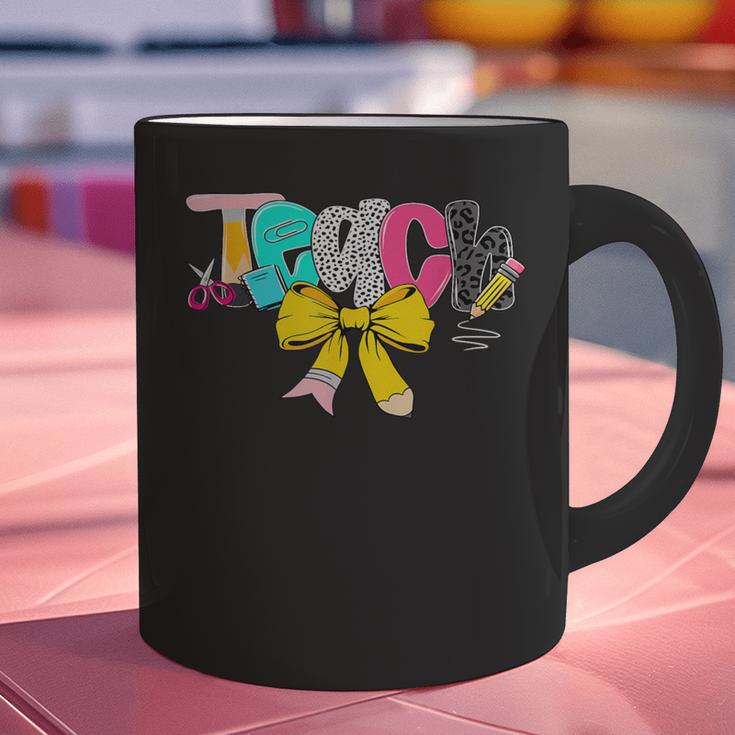 Teach Coquette Bow Teacher Back To School Happy First Day Graphic Print Coffee Mug, gift for family, gift for coworker Teach Coquette Bow Teacher Back To School Happy First Day Graphic Print Coffee Mug, gift for family, gift for coworker