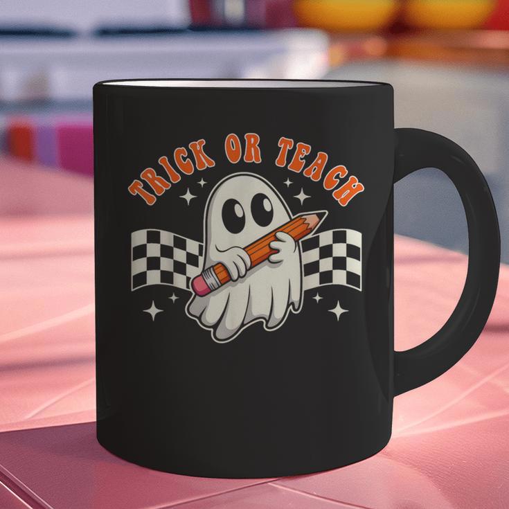 Trick Or Teach Groovy Retro Ghost Halloween Teacher Kids Graphic Print Coffee Mug, Groovy Teacher Mugs, gift for family, gift for coworker